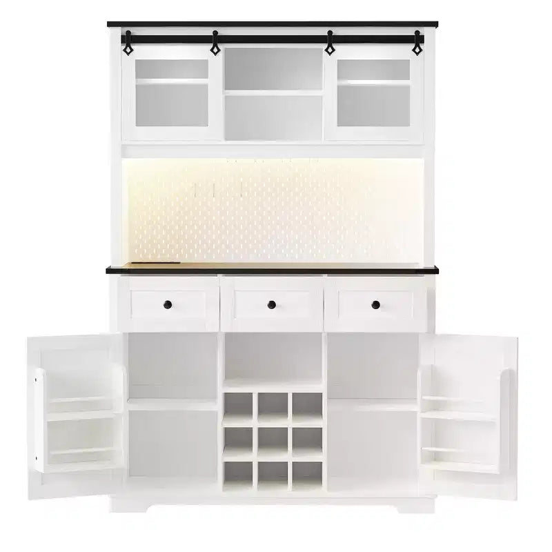 Bellemave Mobile Alto da Cucina 71" in Rovere Bianco - Porta Microonde, Anta Scorrevole, Presa di Corrente e Pannello Forato Fai-da-te, 3 Cassetti, Ripiani RegolabiliRovere Bianco