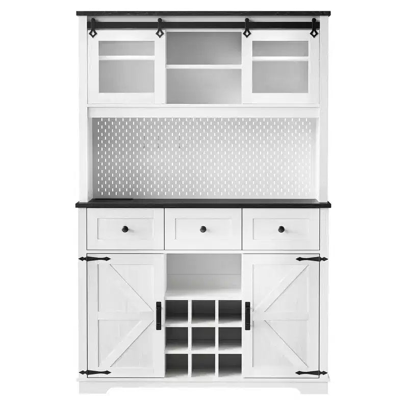 Bellemave Mobile Alto da Cucina 71" in Rovere Bianco - Porta Microonde, Anta Scorrevole, Presa di Corrente e Pannello Forato Fai-da-te, 3 Cassetti, Ripiani RegolabiliRovere Bianco