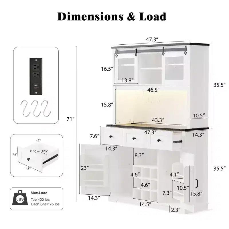 Bellemave Mobile Alto da Cucina 71" in Rovere Bianco - Porta Microonde, Anta Scorrevole, Presa di Corrente e Pannello Forato Fai-da-te, 3 Cassetti, Ripiani RegolabiliRovere Bianco