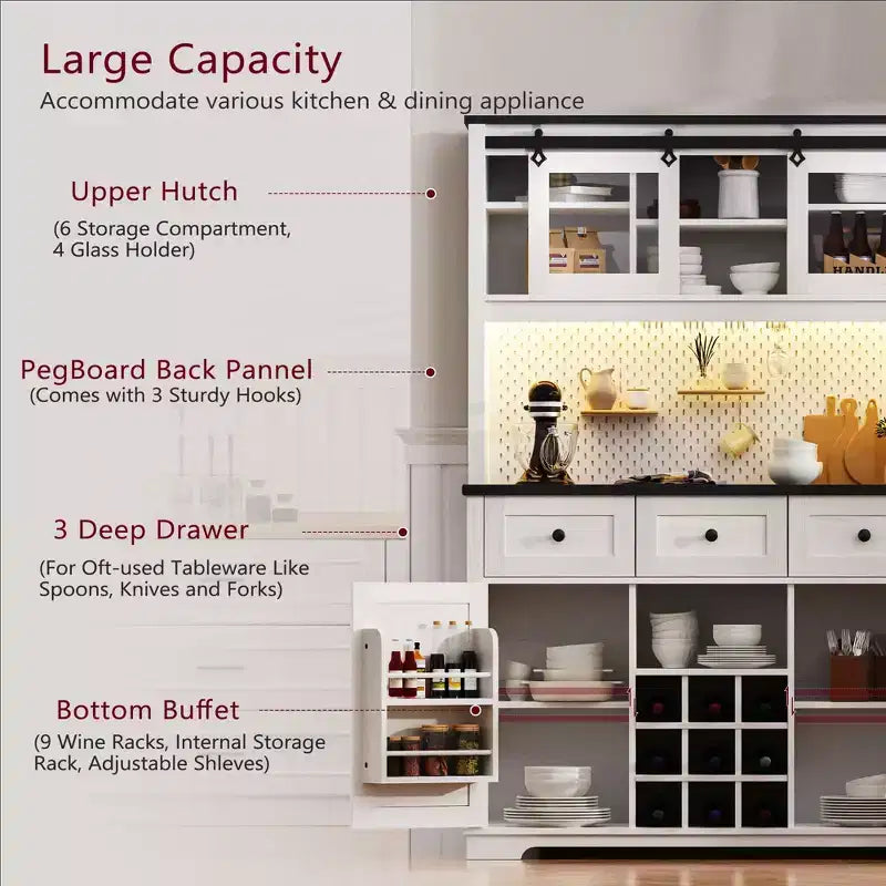 Bellemave Mobile Alto da Cucina 71" in Rovere Bianco - Porta Microonde, Anta Scorrevole, Presa di Corrente e Pannello Forato Fai-da-te, 3 Cassetti, Ripiani RegolabiliRovere Bianco