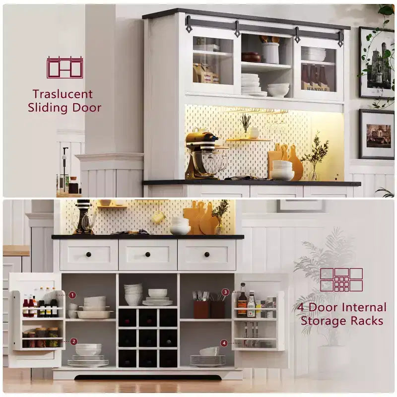 Bellemave Mobile Alto da Cucina 71" in Rovere Bianco - Porta Microonde, Anta Scorrevole, Presa di Corrente e Pannello Forato Fai-da-te, 3 Cassetti, Ripiani RegolabiliRovere Bianco