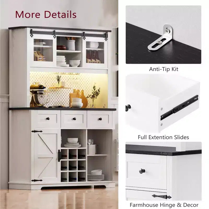 Bellemave Mobile Alto da Cucina 71" in Rovere Bianco - Porta Microonde, Anta Scorrevole, Presa di Corrente e Pannello Forato Fai-da-te, 3 Cassetti, Ripiani RegolabiliRovere Bianco