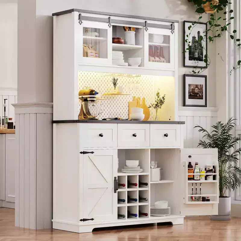 Bellemave Mobile Alto da Cucina 71" in Rovere Bianco - Porta Microonde, Anta Scorrevole, Presa di Corrente e Pannello Forato Fai-da-te, 3 Cassetti, Ripiani RegolabiliRovere Bianco