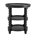 Round Three Tier Side Table with Rattan Shelf Black Finish D23.5x25