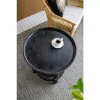 Tavolino rotondo a tre ripiani con ripiano in rattan, finitura nera, D23,5x25