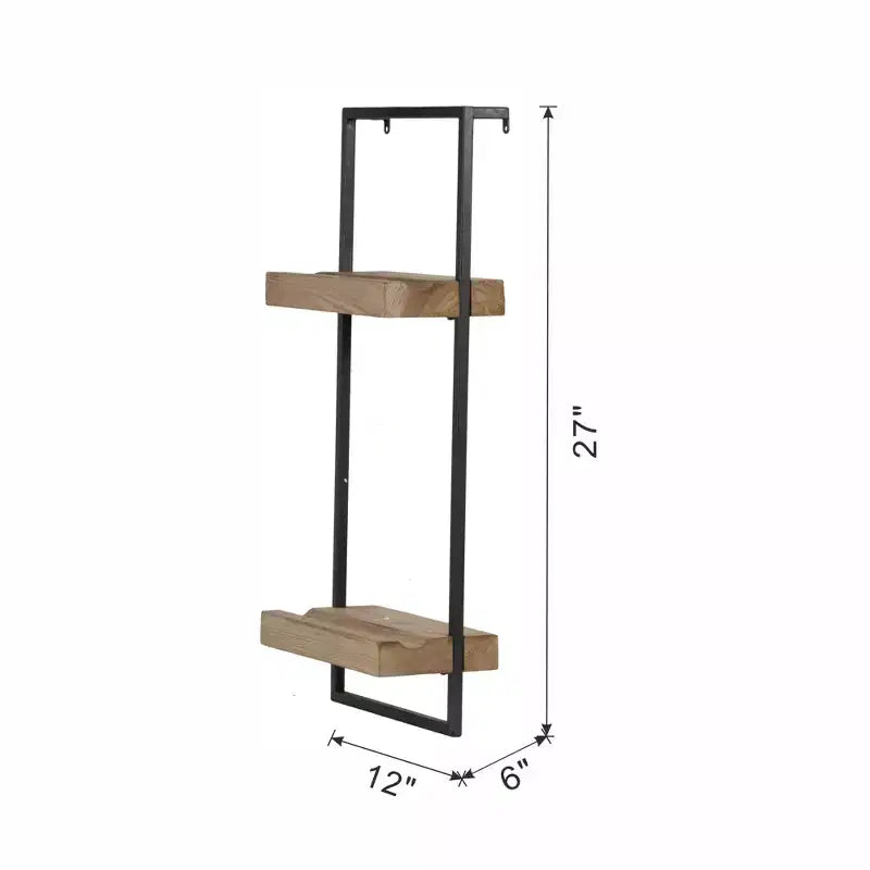Mensola a Muro in Ferro e Legno con Due Ripiani 12x6x27