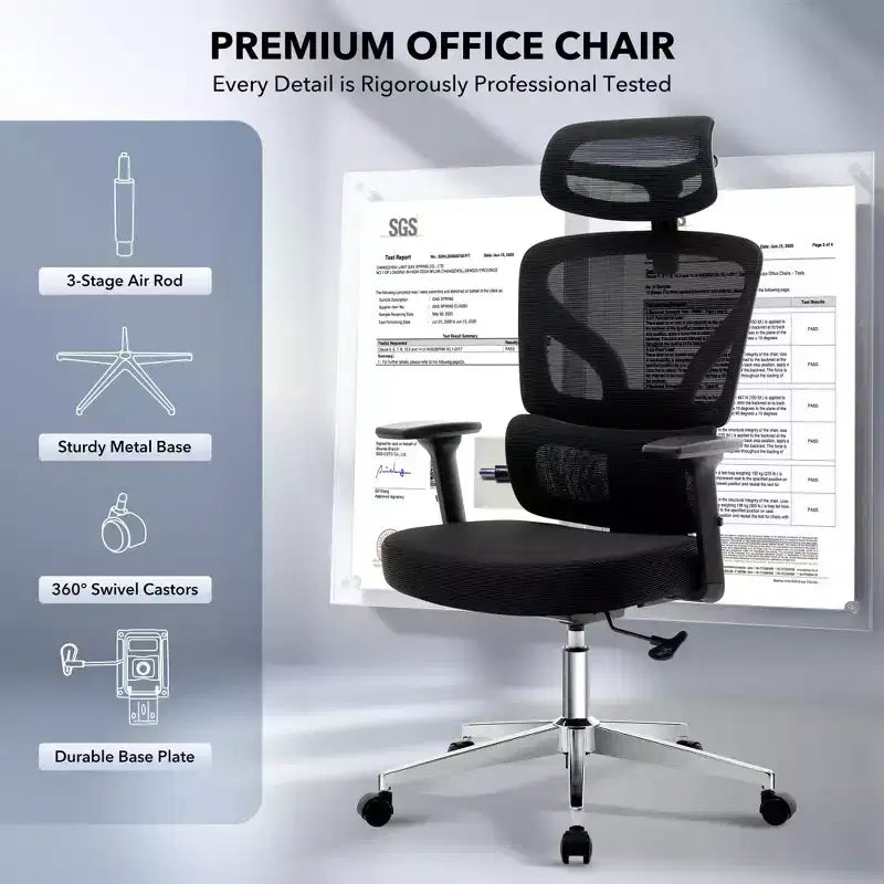 Sedia da Ufficio Ergonomica con Braccioli 3D, Poggiatesta e Schienale, Sedia Ergonomica in Rete Imbottita, Piedini Galvanizzati, Scatola Bianca, Beige