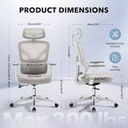 Sedia da Ufficio Ergonomica con Braccioli 3D, Poggiatesta e Schienale, Sedia Ergonomica in Rete Imbottita, Piedini Galvanizzati, Scatola Bianca, Beige