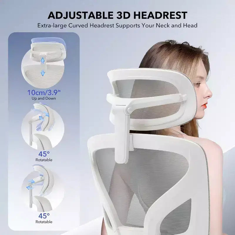 Sedia da Ufficio Ergonomica con Braccioli 3D, Poggiatesta e Schienale, Sedia Ergonomica in Rete Imbottita, Piedini Galvanizzati, Scatola Bianca, Beige