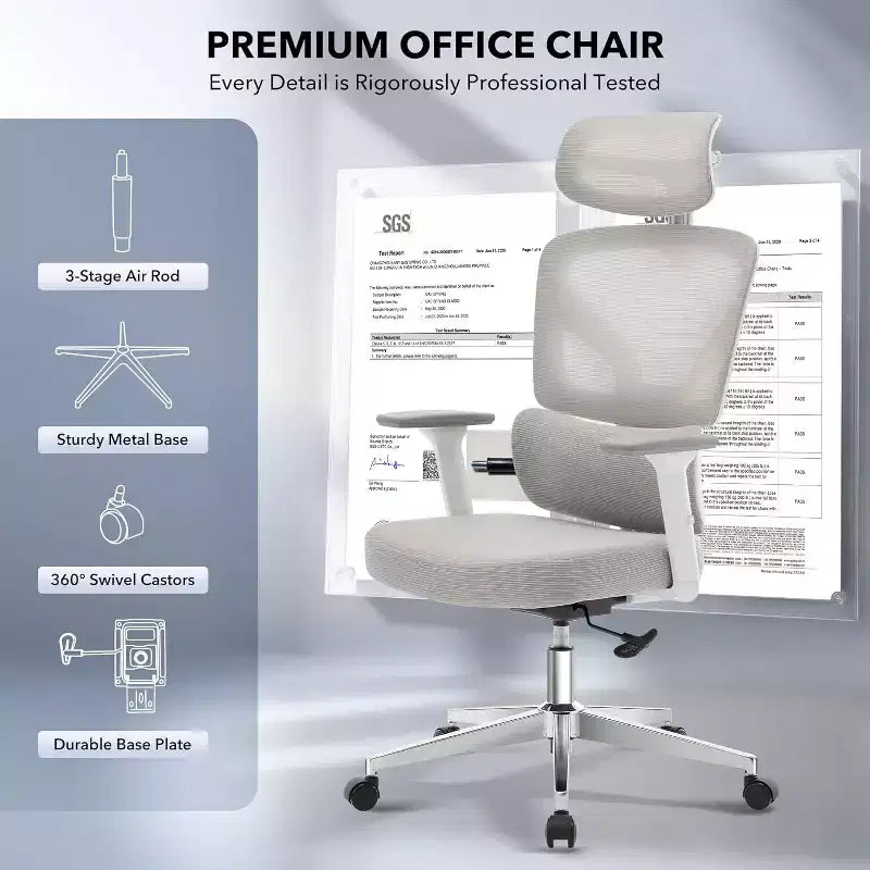Sedia da Ufficio Ergonomica con Braccioli 3D, Poggiatesta e Schienale, Sedia Ergonomica in Rete Imbottita, Piedini Galvanizzati, Scatola Bianca, Beige