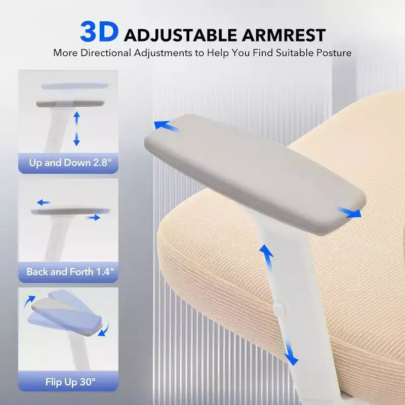 Sedia da Ufficio Ergonomica con Braccioli 3D, Poggiatesta e Schienale, Sedia Ergonomica in Rete Imbottita, Piedini Galvanizzati, Scatola Bianca, Beige