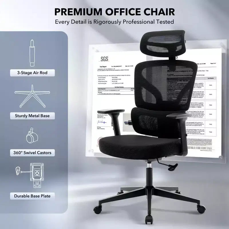 Sedia da Ufficio Ergonomica con Braccioli 3D, Poggiatesta e Schienale, Sedia Ergonomica in Rete Imbottita, Piedini Galvanizzati, Scatola Bianca, Beige