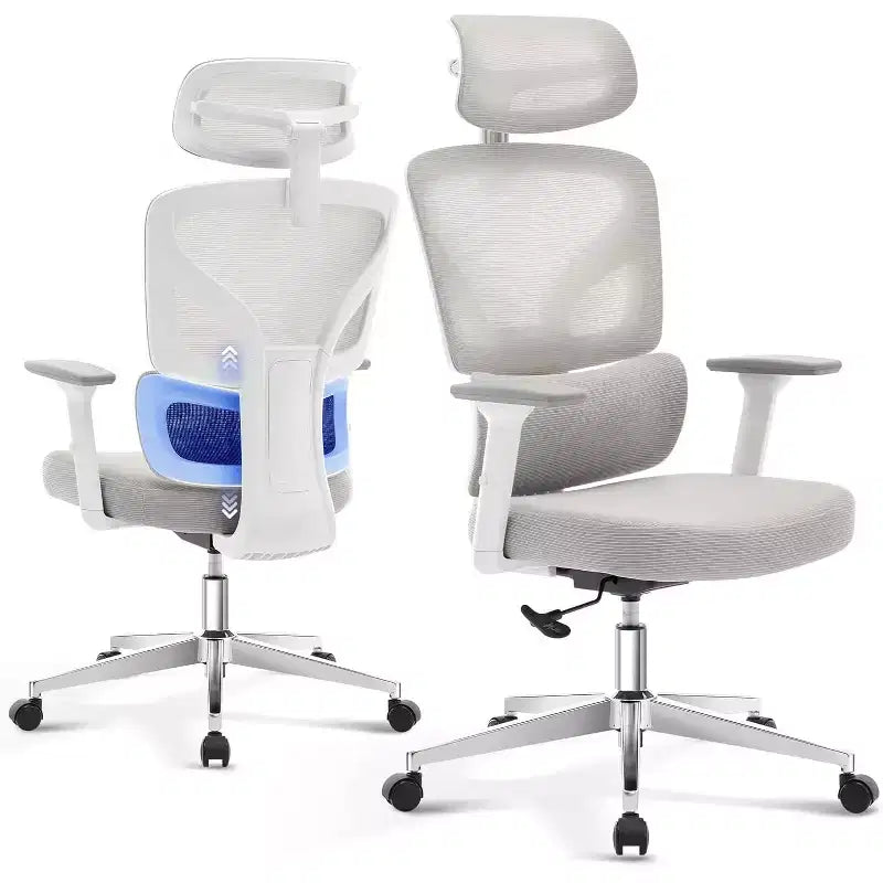 Sedia da Ufficio Ergonomica con Braccioli 3D, Poggiatesta e Schienale, Sedia Ergonomica in Rete Imbottita, Piedini Galvanizzati, Scatola Bianca, Beige