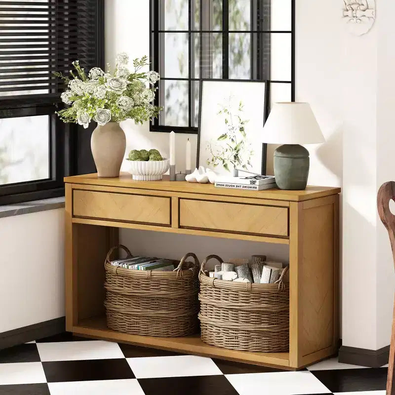 Tavolo Consolle Clihome 55, Tavolo d'Ingresso Rustico in Legno con Cassetti e Ripiano Aperto, Elegante Tavolo da Divano per Corridoio e Soggiorno
