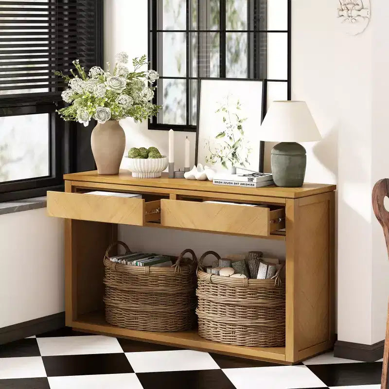 Tavolo Consolle Clihome 55, Tavolo d'Ingresso Rustico in Legno con Cassetti e Ripiano Aperto, Elegante Tavolo da Divano per Corridoio e Soggiorno
