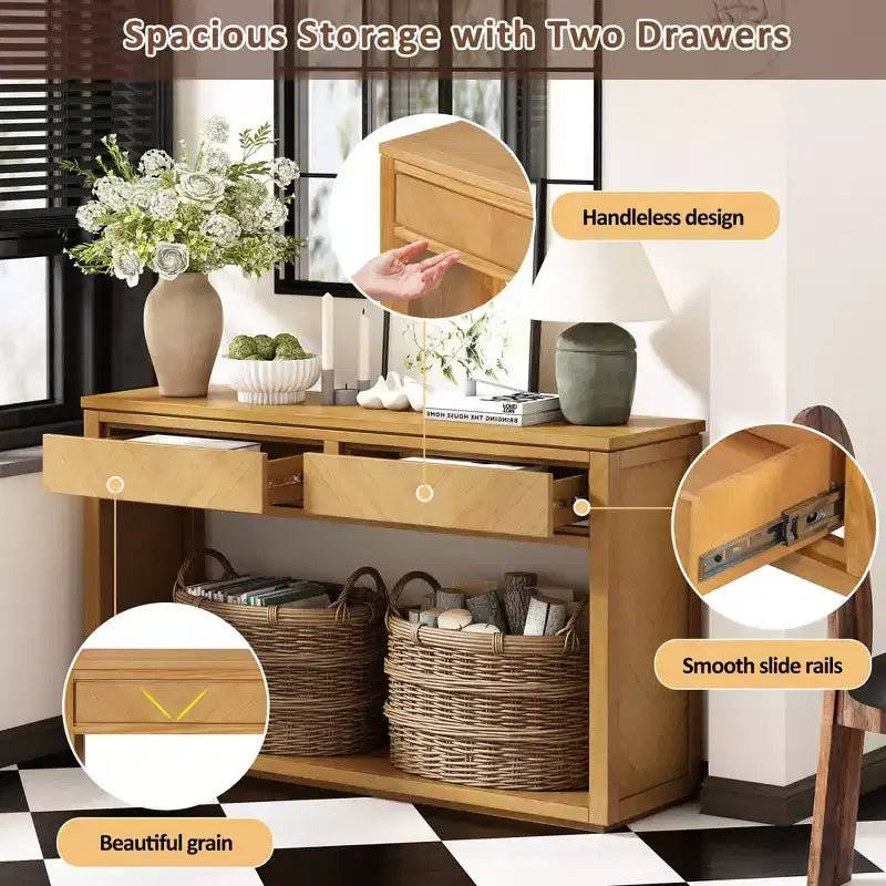 Tavolo Consolle Clihome 55, Tavolo d'Ingresso Rustico in Legno con Cassetti e Ripiano Aperto, Elegante Tavolo da Divano per Corridoio e Soggiorno
