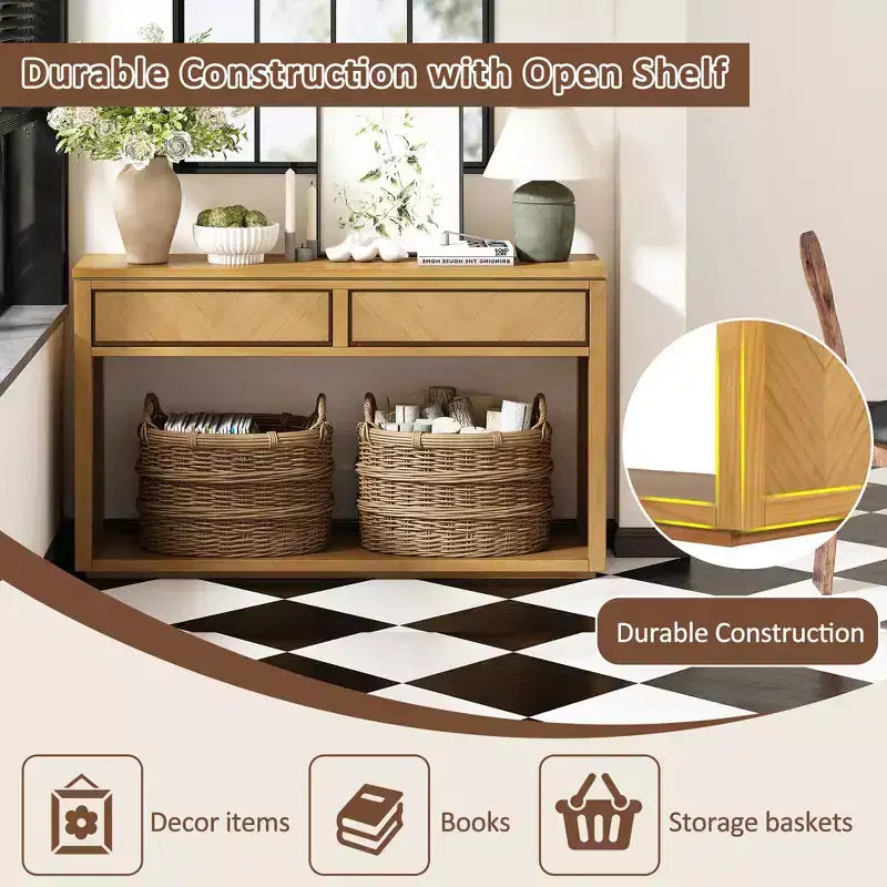 Tavolo Consolle Clihome 55, Tavolo d'Ingresso Rustico in Legno con Cassetti e Ripiano Aperto, Elegante Tavolo da Divano per Corridoio e Soggiorno