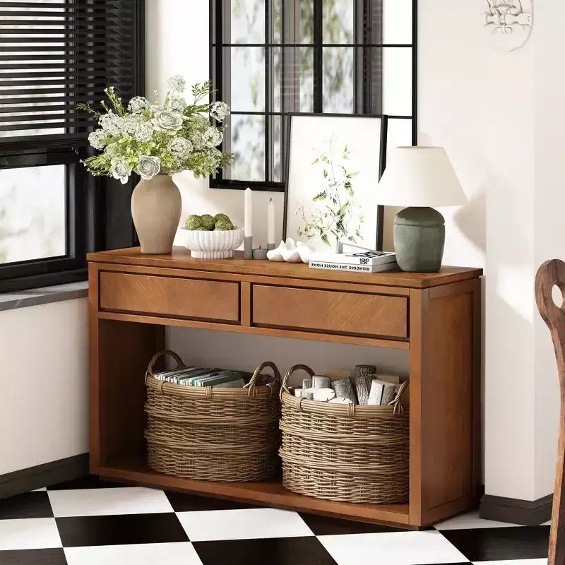 Tavolo Consolle Clihome 55, Tavolo d'Ingresso Rustico in Legno con Cassetti e Ripiano Aperto, Elegante Tavolo da Divano per Corridoio e Soggiorno