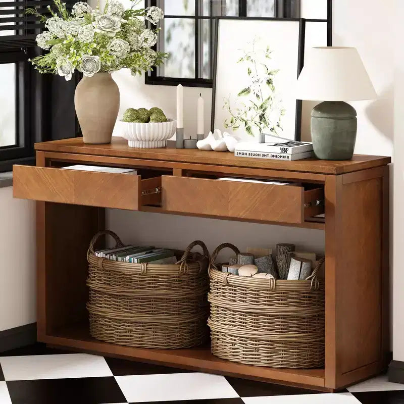Tavolo Consolle Clihome 55, Tavolo d'Ingresso Rustico in Legno con Cassetti e Ripiano Aperto, Elegante Tavolo da Divano per Corridoio e Soggiorno