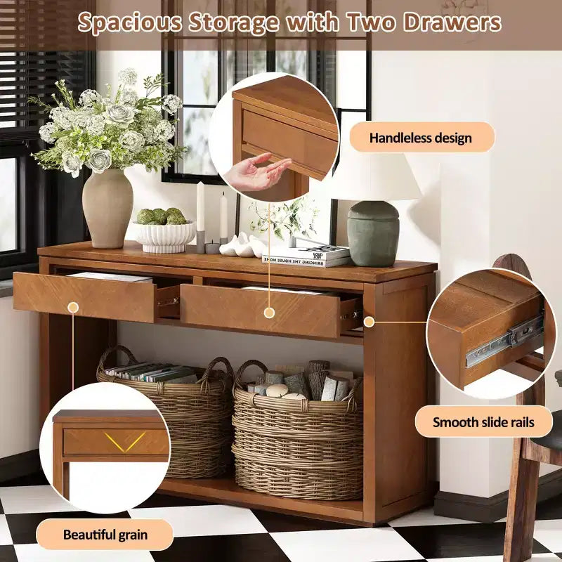Tavolo Consolle Clihome 55, Tavolo d'Ingresso Rustico in Legno con Cassetti e Ripiano Aperto, Elegante Tavolo da Divano per Corridoio e Soggiorno
