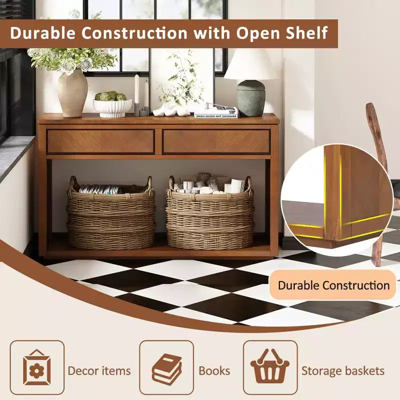 Tavolo Consolle Clihome 55, Tavolo d'Ingresso Rustico in Legno con Cassetti e Ripiano Aperto, Elegante Tavolo da Divano per Corridoio e Soggiorno