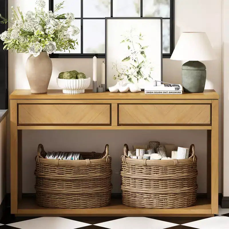 Tavolo Consolle Clihome 55, Tavolo d'Ingresso Rustico in Legno con Cassetti e Ripiano Aperto, Elegante Tavolo da Divano per Corridoio e Soggiorno
