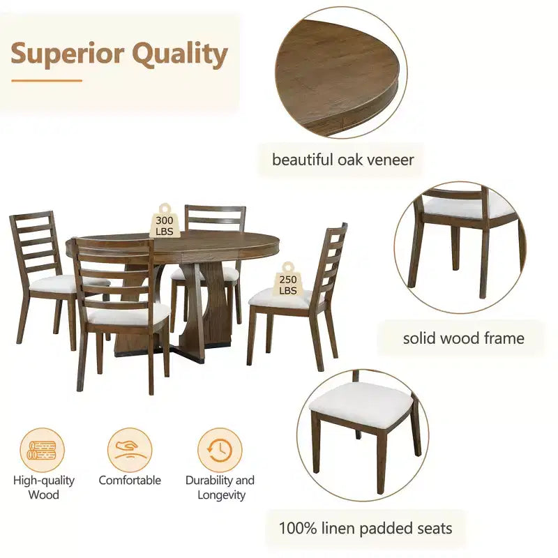 Set tavolo da pranzo rotondo da 5 pezzi Clihome per 4 persone con sedie, set tavolo da pranzo allungabile con 16 foglie centrali rimovibili per cucina, sala da pranzo
