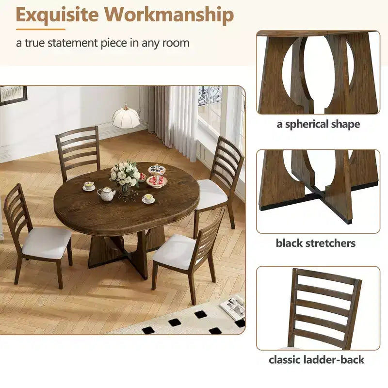 Set tavolo da pranzo rotondo da 5 pezzi Clihome per 4 persone con sedie, set tavolo da pranzo allungabile con 16 foglie centrali rimovibili per cucina, sala da pranzo