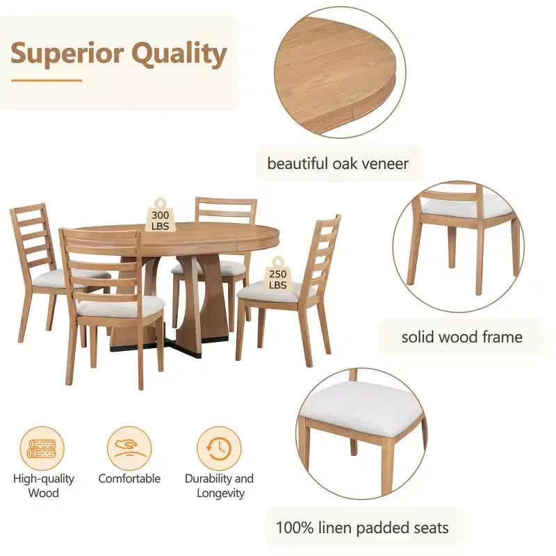 Set tavolo da pranzo rotondo da 5 pezzi Clihome per 4 persone con sedie, set tavolo da pranzo allungabile con 16 foglie centrali rimovibili per cucina, sala da pranzo