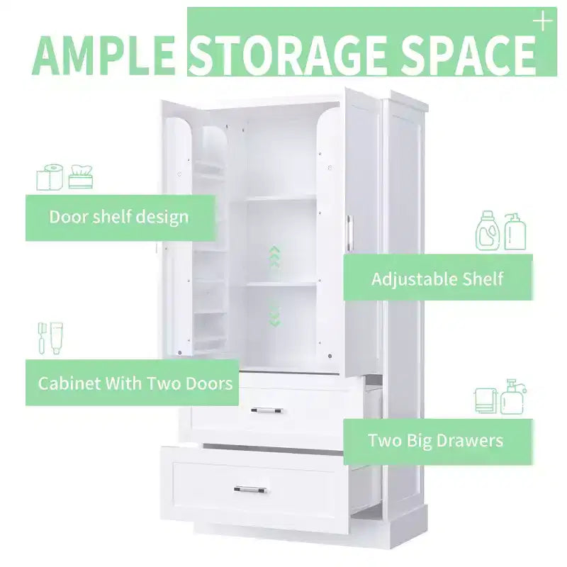 GDFStudio Amelia, armadietto alto da bagno in legno moderno con cassetti, vano contenitore a due ante e scaffali integrati sulle ante