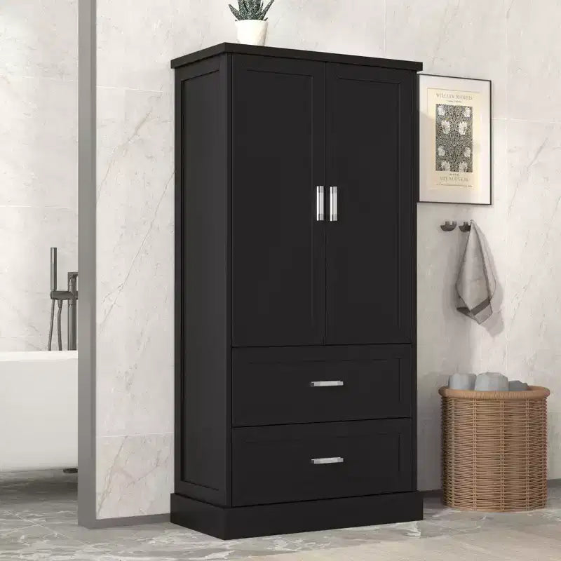 GDFStudio Amelia, armadietto alto da bagno in legno moderno con cassetti, vano contenitore a due ante e scaffali integrati sulle ante