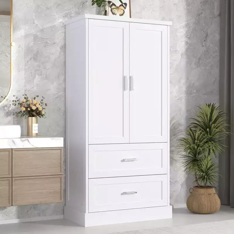 GDFStudio Amelia, armadietto alto da bagno in legno moderno con cassetti, vano contenitore a due ante e scaffali integrati sulle ante
