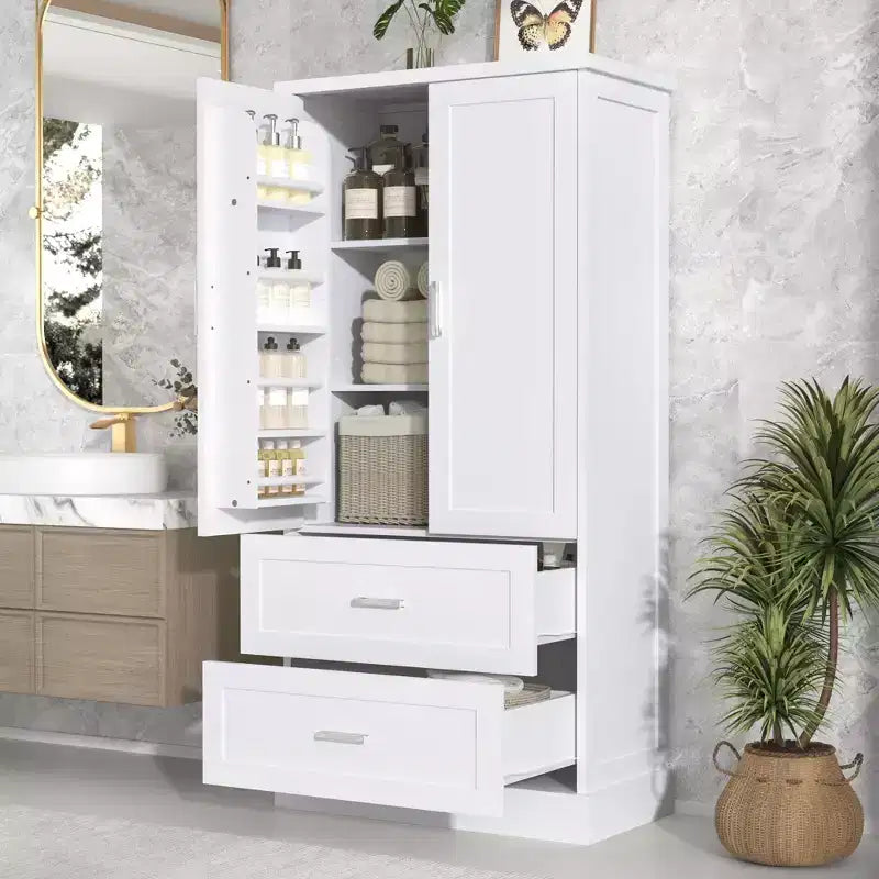 GDFStudio Amelia, armadietto alto da bagno in legno moderno con cassetti, vano contenitore a due ante e scaffali integrati sulle ante