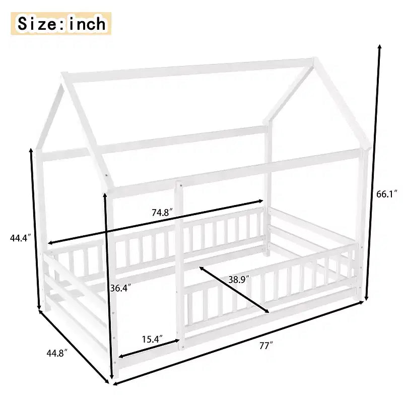 Okak Letto a Piattaforma Moderno Doppio/Matrimoniale in Pino con Tetto a Casetta e Recinzione, Letto in Legno per Camera dei Bambini, Camera da Letto