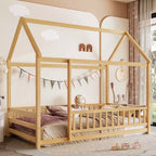 Okak Letto a Piattaforma Moderno Doppio/Matrimoniale in Pino con Tetto a Casetta e Recinzione, Letto in Legno per Camera dei Bambini, Camera da Letto