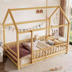 Okak Letto a Piattaforma Moderno Doppio/Matrimoniale in Pino con Tetto a Casetta e Recinzione, Letto in Legno per Camera dei Bambini, Camera da Letto