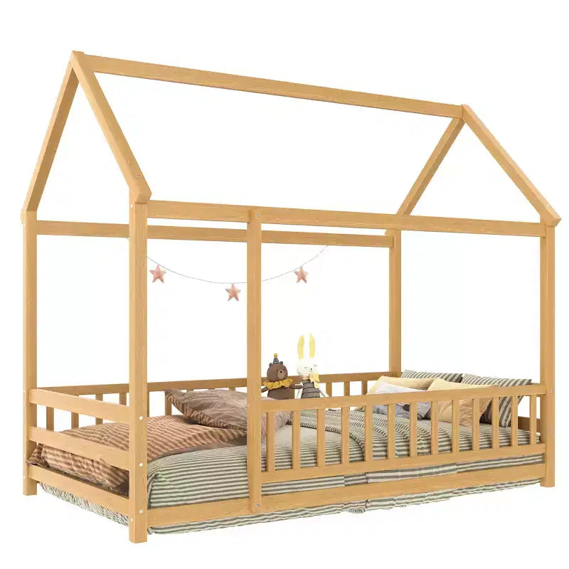 Okak Letto a Piattaforma Moderno Doppio/Matrimoniale in Pino con Tetto a Casetta e Recinzione, Letto in Legno per Camera dei Bambini, Camera da Letto