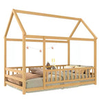 Okak Letto a Piattaforma Moderno Doppio/Matrimoniale in Pino con Tetto a Casetta e Recinzione, Letto in Legno per Camera dei Bambini, Camera da Letto