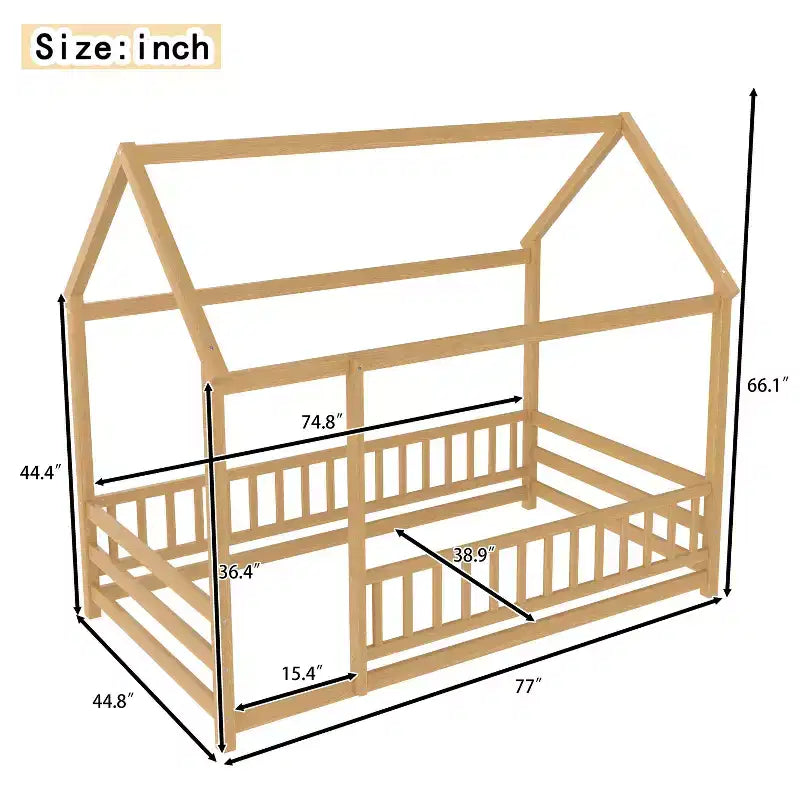 Okak Letto a Piattaforma Moderno Doppio/Matrimoniale in Pino con Tetto a Casetta e Recinzione, Letto in Legno per Camera dei Bambini, Camera da Letto