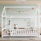 Okak Letto a Piattaforma Moderno Doppio/Matrimoniale in Pino con Tetto a Casetta e Recinzione, Letto in Legno per Camera dei Bambini, Camera da Letto