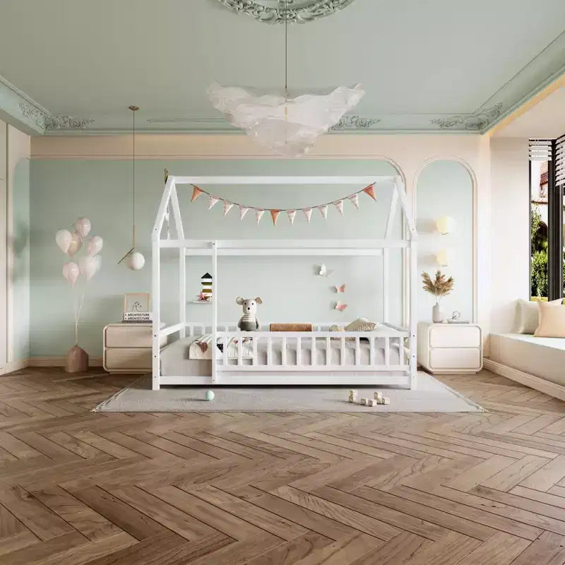 Okak Letto a Piattaforma Moderno Doppio/Matrimoniale in Pino con Tetto a Casetta e Recinzione, Letto in Legno per Camera dei Bambini, Camera da Letto