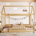 Okak Modern Twin/Full Pine Floor Bed Frame with House Roof & Fence,Wooden Platform Bed for Kids Room,Bedroom