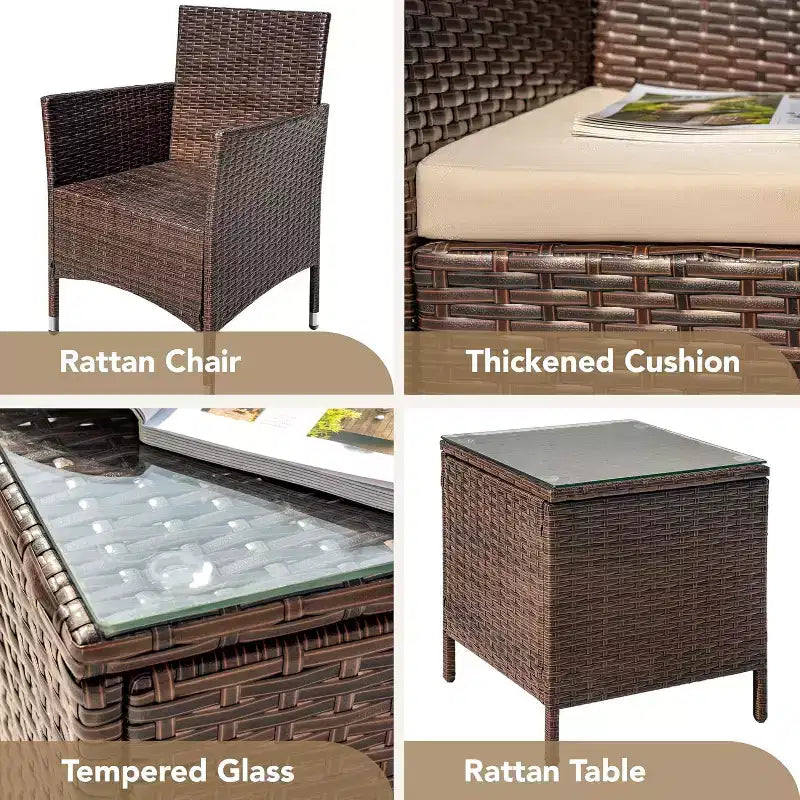 Set di mobili da patio a 3 pezzi, set da conversazione per esterni, sedie in vimini e rattan per tutte le stagioni con cuscini e tavolino da caffè, posti a sedere per patio, portico, prato, piscina