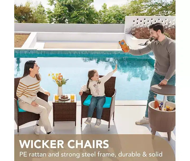 Set di mobili da patio a 3 pezzi, set da conversazione per esterni, sedie in vimini e rattan per tutte le stagioni con cuscini e tavolino da caffè, posti a sedere per patio, portico, prato, piscina