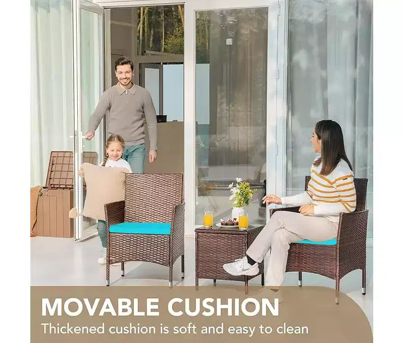 Set di mobili da patio a 3 pezzi, set da conversazione per esterni, sedie in vimini e rattan per tutte le stagioni con cuscini e tavolino da caffè, posti a sedere per patio, portico, prato, piscina