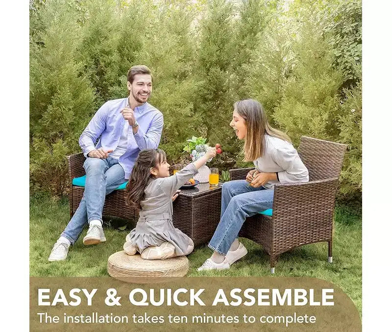 Set di mobili da patio a 3 pezzi, set da conversazione per esterni, sedie in vimini e rattan per tutte le stagioni con cuscini e tavolino da caffè, posti a sedere per patio, portico, prato, piscina