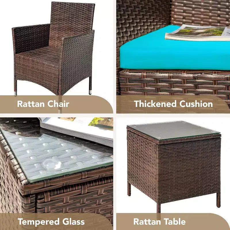 Set di mobili da patio a 3 pezzi, set da conversazione per esterni, sedie in vimini e rattan per tutte le stagioni con cuscini e tavolino da caffè, posti a sedere per patio, portico, prato, piscina