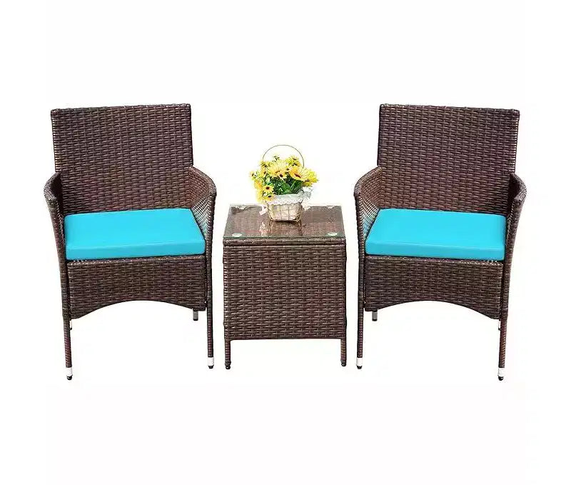 Set di mobili da patio a 3 pezzi, set da conversazione per esterni, sedie in vimini e rattan per tutte le stagioni con cuscini e tavolino da caffè, posti a sedere per patio, portico, prato, piscina