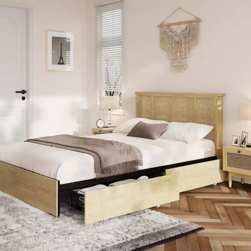Base Letto COZONY Full/Queen con Testiera in Rattan Naturale, 4 Cassetti Contenitore, Base Materasso con Piattaforma in Metallo, Non Richiede Rete a Molle