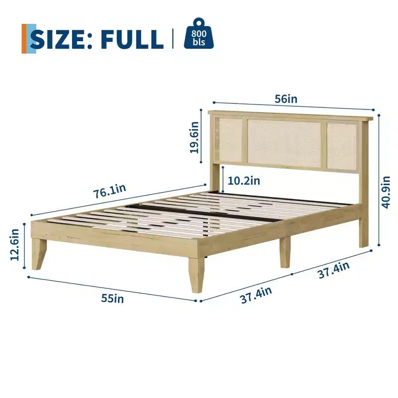 Base Letto COZONY Full/Queen con Testiera in Rattan Naturale, 4 Cassetti Contenitore, Base Materasso con Piattaforma in Metallo, Non Richiede Rete a Molle